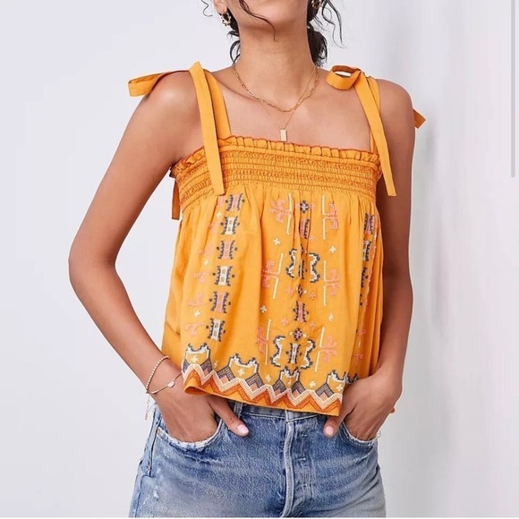 Anthropologie Gold Embroidered Swing Tank Size LP - Picture 1 of 12